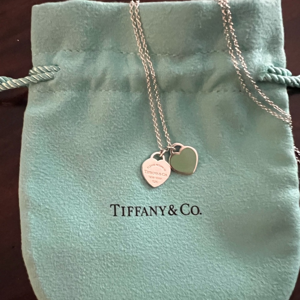 Authentic Tiffany & CO. Tiffany Blue® Double Heart Tag Pendant - 18” Chain.